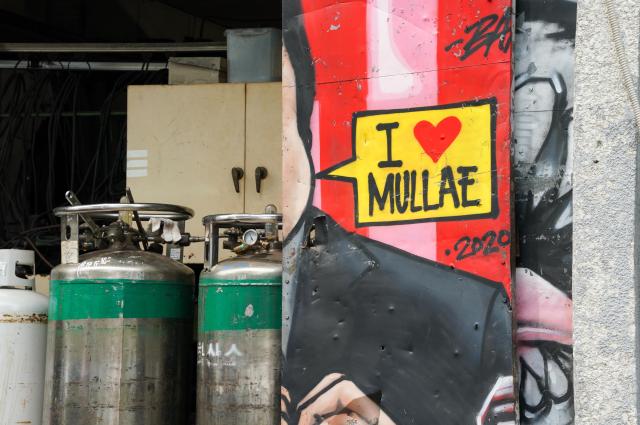 A mural adorns the gate of a metalworking shop in Seouls Mullae Art Village on July 25 2024 The shop owners provided their gates to young artists as canvases AJU PRESS Park Jong-hyeok