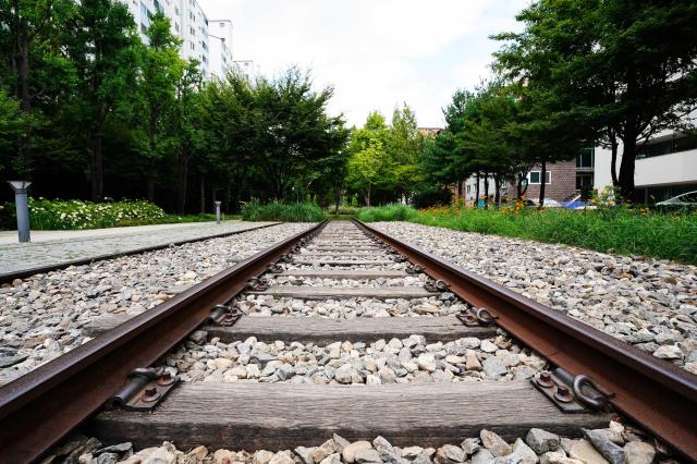 Preserved railway tracks at Gyeongui Line Forest Park in Mapo district Seoul on July 31 2024 This demonstrates that actual trains once ran through this area AJU PRESS Park Jong-hyeok