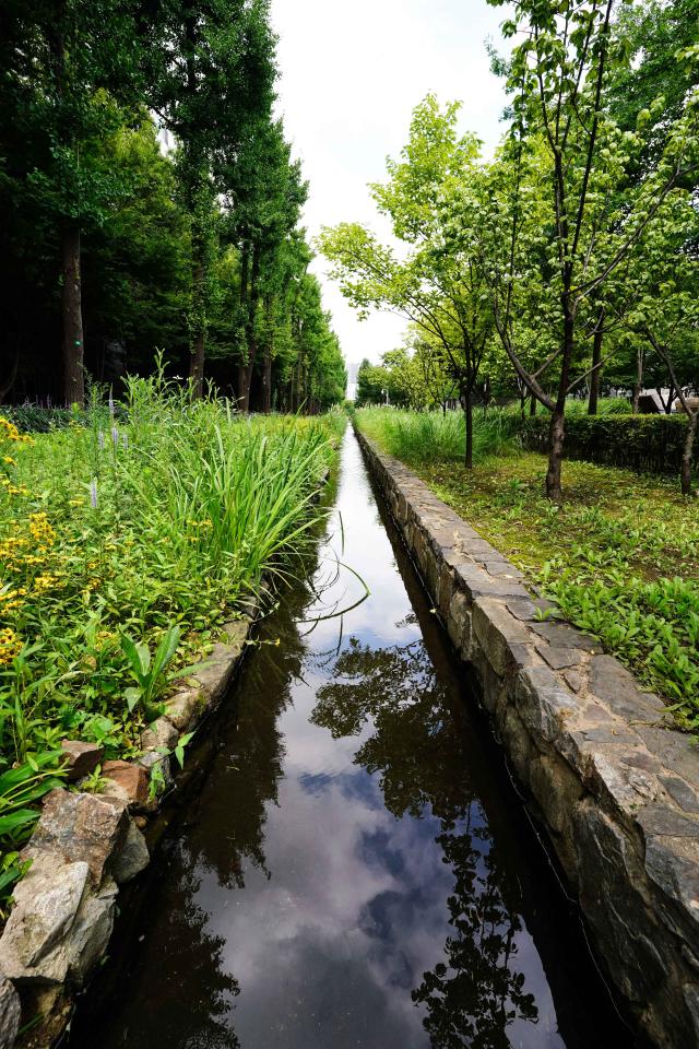 Water flows along the waterway installed throughout Gyeongui Line Forest Park in Mapo district Seoul on July 31 2024