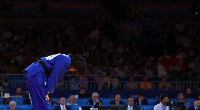 Huh Mi-mi expresses disappointment after losing in the final of the womens 57kg judo event at the Paris Olympics in France July 30 2024 Yonhap