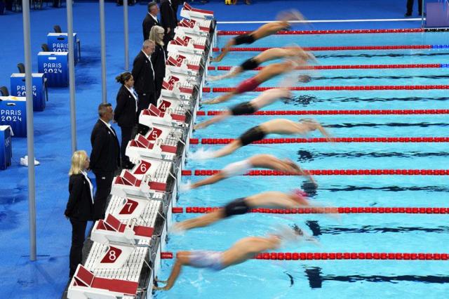 Swimmers compete in the mens 200-meter backstroke semifinal at the Summer Olympics in Nanterre France in July 31 2024 AP-Yonhap