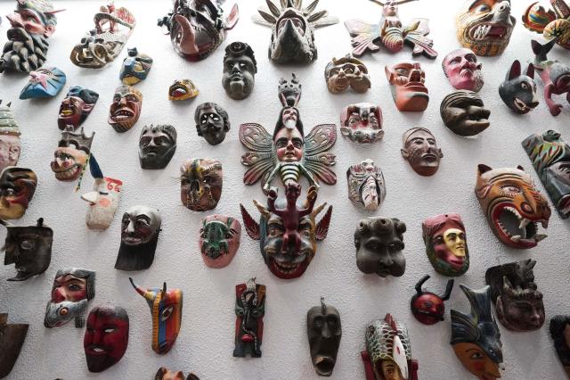 Various Latin American masks are on display at the Centro Cultural de America Latina in Goyang Gyeonggi Province on July 30 2024 These are part of the collection amassed by Director Lee Bok-hyung during his diplomatic career in Latin America AJU PRESS Park Jong-hyeok