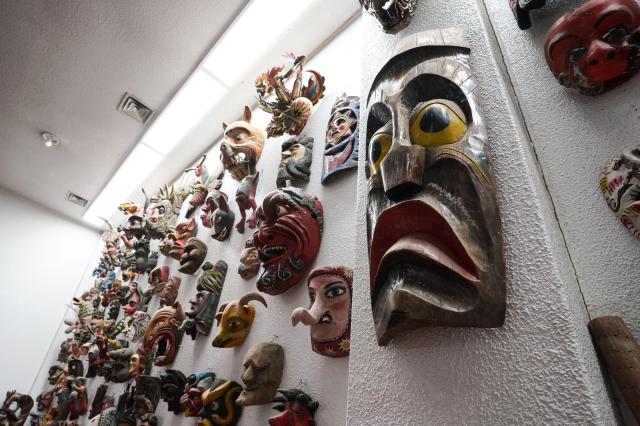 Various Latin American masks on display at the Latin American Cultural Center in Goyang Gyeonggi Province on July 30 2024 These are part of the collection amassed by Director Lee Bok-hyung during his diplomatic career in Latin America AJU PRESS Park Jong-hyeok