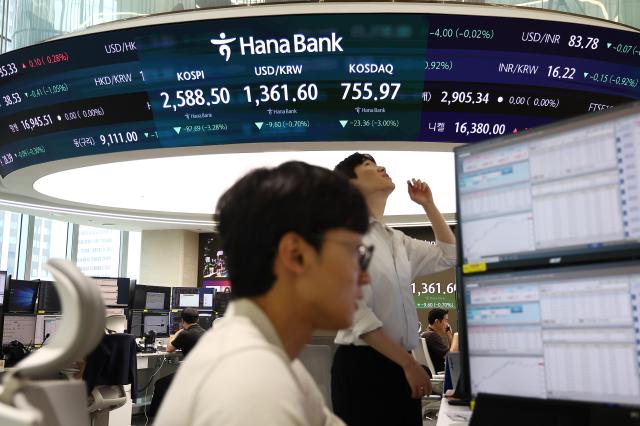 Employees work at the dealing room of Hana Bank in Seoul on August 5 2024 Yonhap