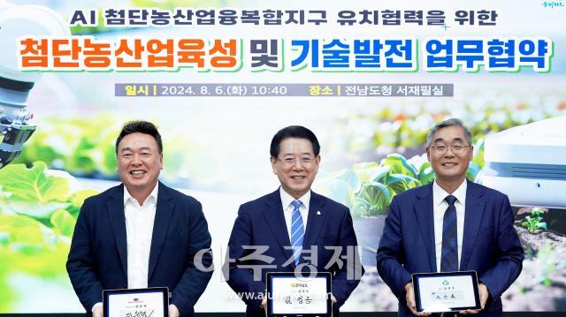 대동 원유현 대표이사좌와 전라남도 김영록 도지사중 한국농업기계 정선옥 부회장우과 6일 전라남도에서 대동의 AI 기반의 미래농업 솔루션의 상용화를 추진하며 국내 농업의 AI 대전환을 위한 ‘첨단 농산업 육성 및 기술발전’ 업무협약을 체결했다  사진대동