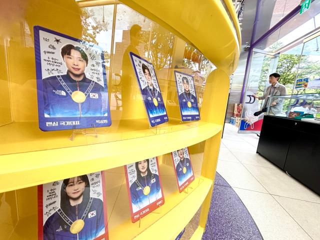 Products featuring players of the national team for the Paris Olympics are displayed at the gold pop-up store at CU convenience store in Olympic Plaza Seoul on July 29 2024 AJU PRESS Han Jun-gu