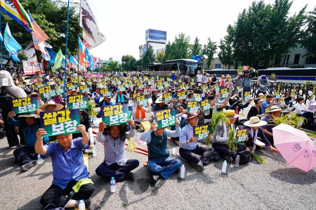 Farmers hold rice plants and placards during a rally organized by the National Farmers Federation to demand guaranteed rice prices on Aug 6 2024 AJU PRESS Park Jong-hyeok