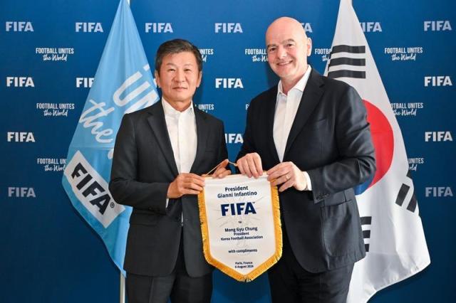 정몽규 회장이 최근 프랑스 파리에서 잔니 인판티노 국제축구연맹FIFA 회장을 만났다 사진FIFA