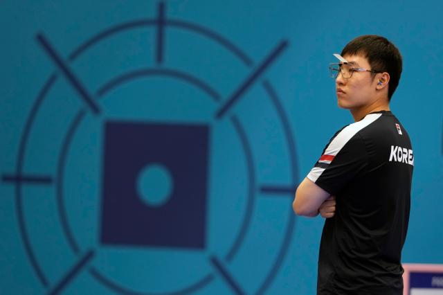 South Koreas Cho Yeong-jae gestures as he competes in the 25m Rapid Fire Pistol mens final at the 2024 Paris Olympics Monday Aug 5 2024 in Chateauroux France AP-Yonhap