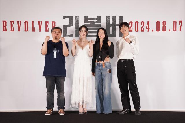 From the left director Oh Seung-wook actors Lim Ji-yeon Jeon Do-yeon and Ji Chang-wook pose at the press conference for Revolver held at  MEGABOX COEX on July 31st Courtesy of PLUS M