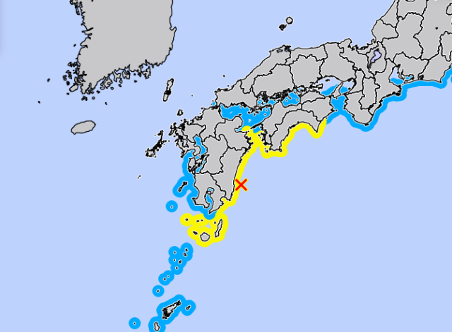 일본 미야자키현 지진 발생 위치X 표시 부분이 진원사진일본 기상청 홈페이지