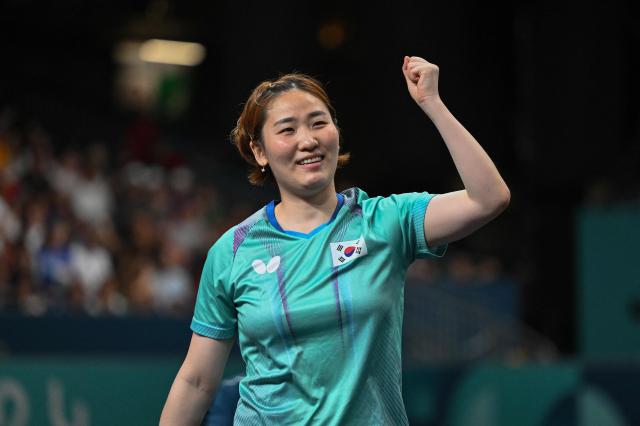 South Koreas Jeon Ji-hee celebrates a point during her womens table tennis singles match in the team bronze medal match between South Korea and Germany at the Paris 2024 Olympic Games at the South Paris Arena in Paris on Aug 10 2024 AFP-Yonhap