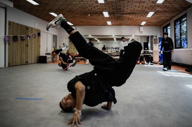 South Koreas Kim Hong-yuk known as b-boy Hongten practices during a breaking training session for the Paris 2024 Olympic Games at the Pablo Neruda sport centre in Saint-Ouen on Aug 6 2024 AFP-Yonhap