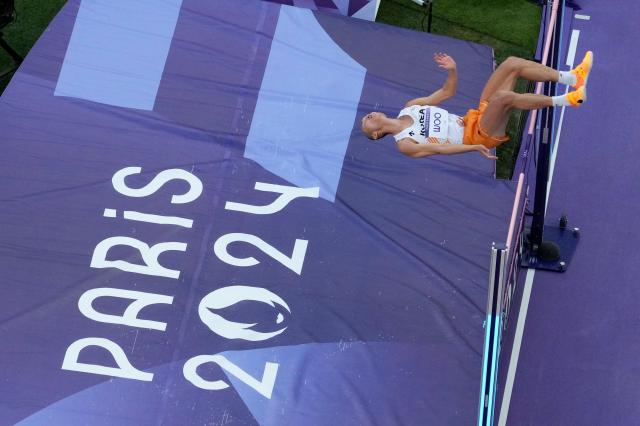 Woo Sang-hyeok of South Korea competes in the mens high jump final at the 2024 Paris Olympics held at the Stade de France in Saint-Denis on Aug 10 AP-Yonhap