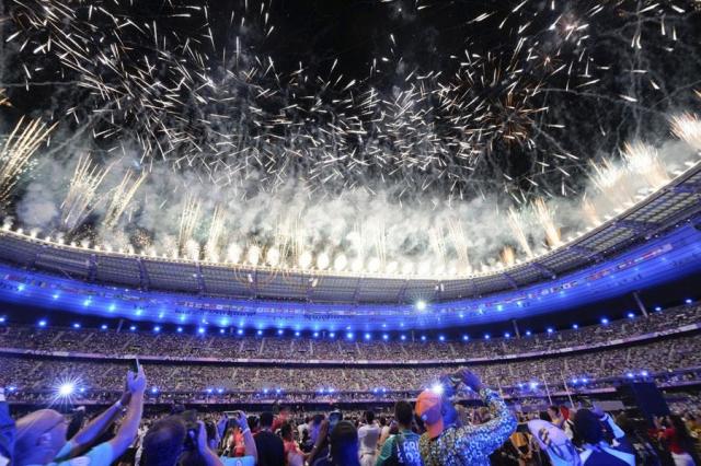 Fireworks explode during the Summer Olympics closing ceremony at the Stade de France in Saint-Denis France on Aug 12 2024