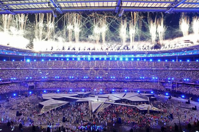 Fireworks light up the sky during the Paris 2024 Olympics closing ceremony at Stade de France in Saint-Denis on Aug 11 2024 AFP-Yonhap