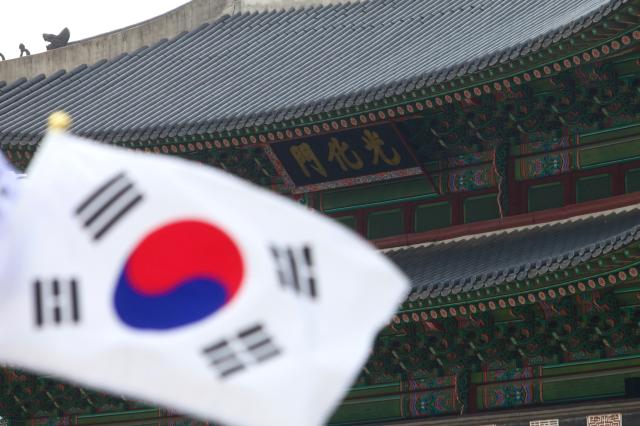 The national flag of Korean waves in front of Gwanghwamun Gate ahead of Liberation Day on Aug 14 2024