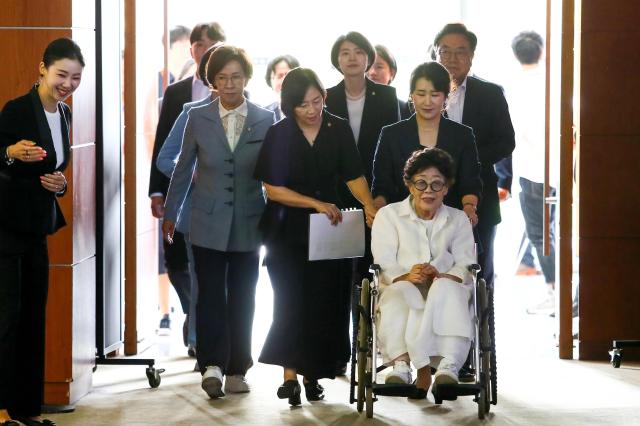 Key attendees enter the Sexual Slavery Victims for the Japanese Imperial Army National Memorial Day event at the Kim Koo Memorial Hall in Yongsan-gu Seoul on Aug 14 2024 AJU PRESS Kim Dong-woo