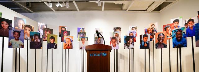 Childrens portraits and a UNICEF podium on display at For Every Children an exhibit marking 30 years of The Korean Committee for UNICEF Sejong Center Aug 16 2024 AJU PRESS Park Jong-hyeok