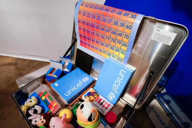 A model learning box used in UNICEFs global relief efforts on display at For Every Children exhibit marking 30 years of The Korean Committee for UNICEF Sejong Center Aug 16 2024 AJU PRESS Park Jong-hyeok