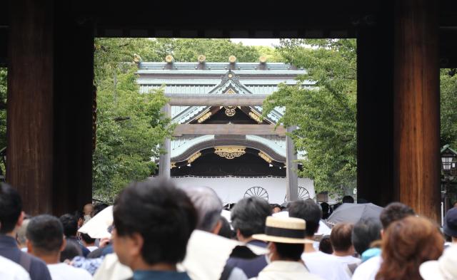 People gather in mass to visit the Yasukuni shrine where Japans war dead including convicted war criminals are enshrined August 15 2024 Yonhap