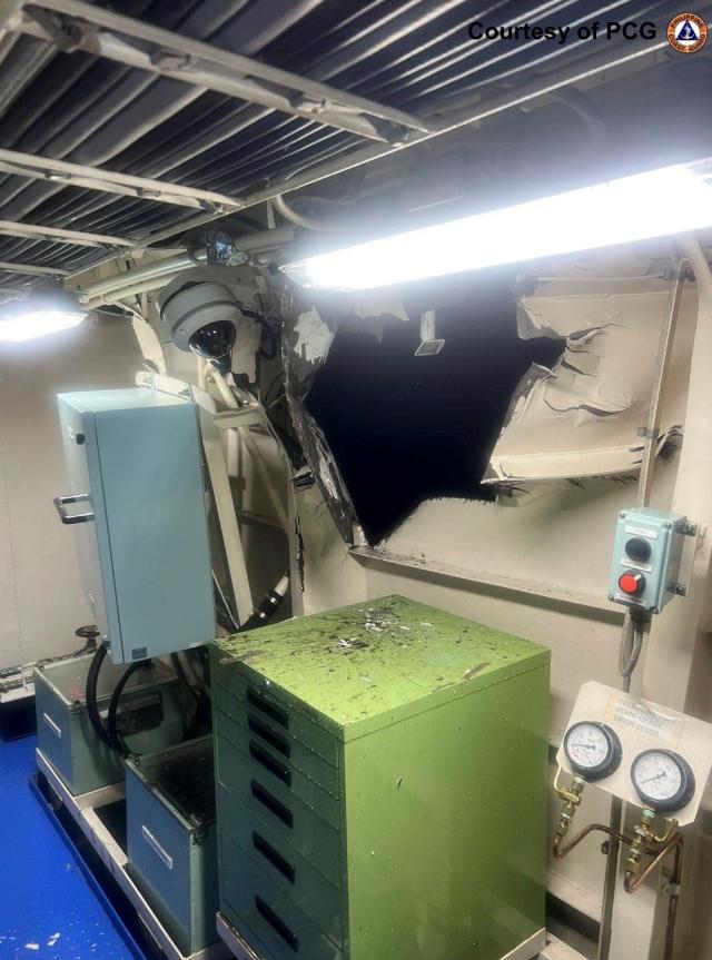 A Philippine Coast Guard image reveals damage to the BRP Bagacays port-side auxiliary room following an encounter with a Chinese vessel in contested waters on August 19 2024 Yonhap