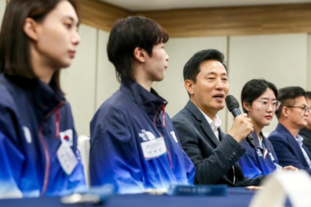 Seoul Mayor Oh Se-hoon delivers a congratulatory speech at Seoul City Hall on Aug 19 2024 AJU PRESS Kim Dong-woo