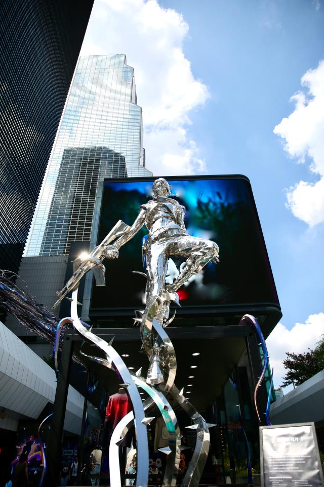 A sculpture of Jett a character from Valorant stands at the 2024 Valorant Champions Seoul pop-up event at COEX Millennium Plaza in Seoul on Aug 19 2024 AJU PRESS Han Jun-gu