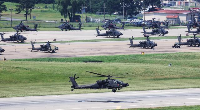 Apache helicopter moves at Ulchi Freedom Chield in Camp Humpris in Gyeongki Korea on Aug 19 2024 