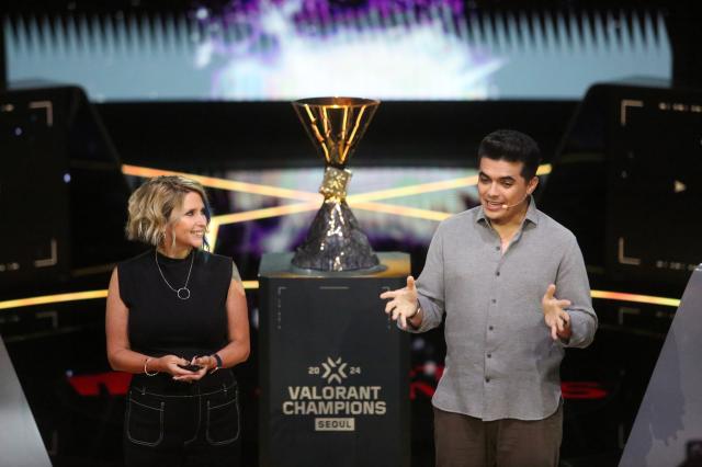 Anna Donlon left head of Valorant Studios at Riot Games and Leo Faria right global head of Valorant esports overseeing strategy at Riot Games give greeting speechs at the media day preceding the 2024 Valorant Champions Seoul finals series at LoL Park in Seoul on Aug 21 AJU PRESS Han Jun-gu