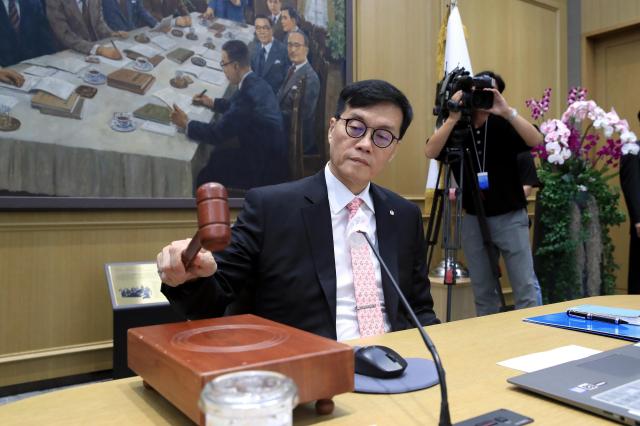 The Bank of Korea BOK Governor Rhee Chang-yong hitting the gavel in a Monetary Policy Board held in Seoul on August 22 2024 Courtesy of the Bank of Korea