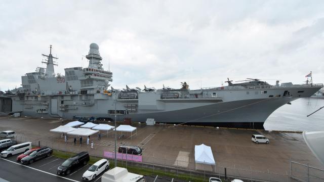 Italian Navy aircraft carrier Cavour arrives at Japan Maritime Self-Defense Force Yokosuka Naval Base in Yokosuka Japan August 22 2024 UPI - Yonhap