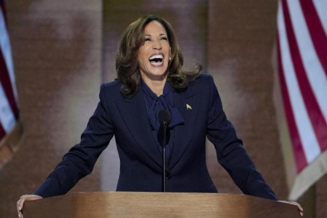 Democratic presidential nominee Vice President Kamala Harris speaks during the Democratic National Convention in Chicago on Aug 22 2024 AP-Yonhap