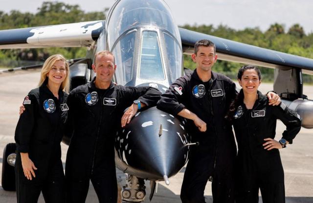 Anna Menon Scott Poteet commander Jared Isaacman and Sarah Gillis crew members of Polaris Dawn a private human spaceflight mission attend a press conference at the Kennedy Space Center in Cape Canaveral Florida US on Aug 19 2024 Reuters-Yonhap