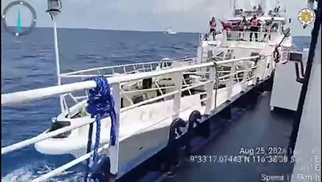 The image captures a collision between a Chinese Coast Guard ship and a Philippine fisheries vessel near Sabina Shoal in the disputed South China Sea on August 25 2024 Yonhap