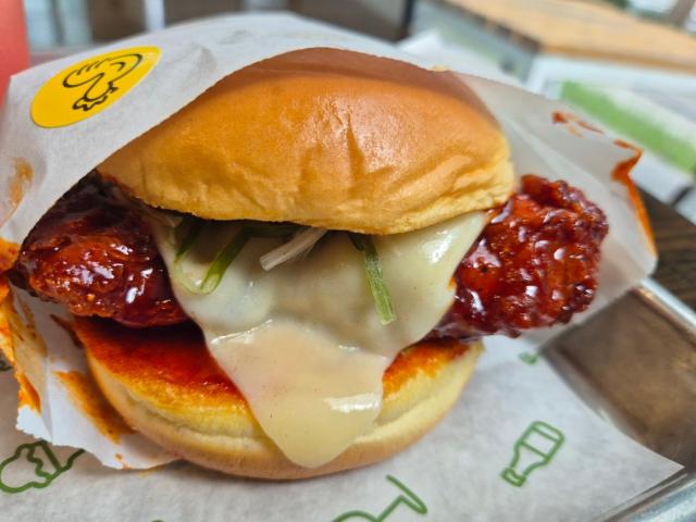 The photo shows an American burger franchise Shake Shacks dakgalbi spicy stir-fried chicken burger at an outlet in central Seoul on Aug 23 2024 AJU PRESS Park Ung