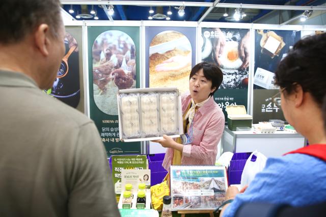 An official introduces eggs to visitors at the 2024 Festive Gift Fair at COEX in Seoul on Aug 26 2024 AJU PRESS Han Jun-gu