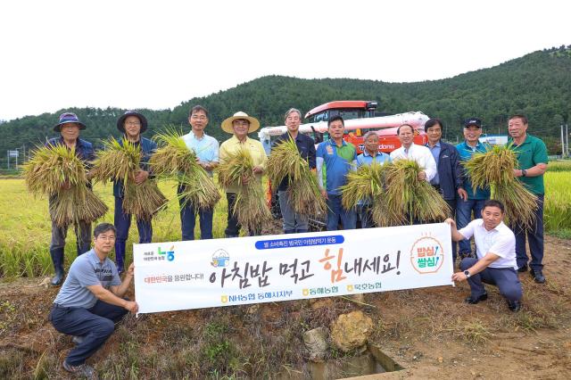 동해시 관계자들이 28일 오전 11시에 망상동 657번지에서 수평선 햅쌀단지의 첫 벼베기를 진행하고 있다사진동해시