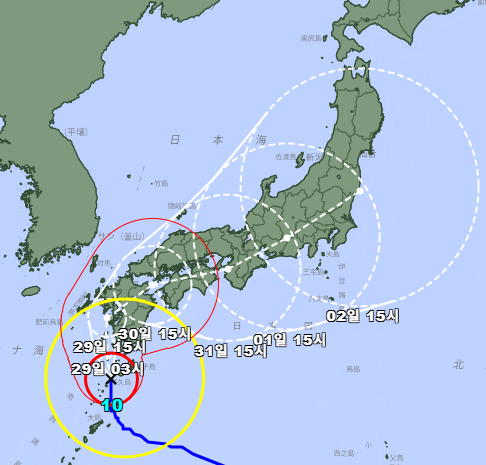 태풍 산산이 28일 오후 4시 기준 지나고 있는 경로 사진일본 기상청