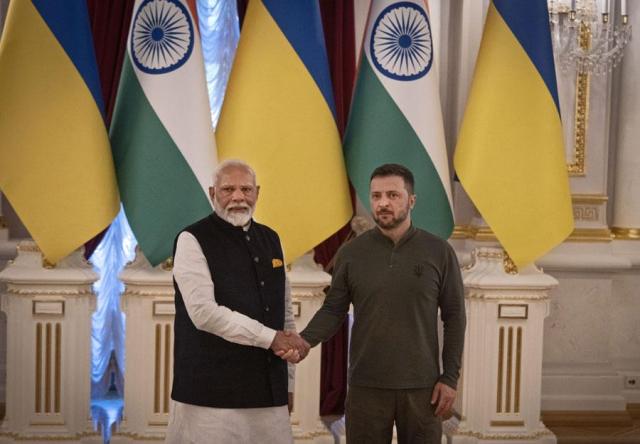 Indian Prime Minister Narendra Modi left meets with Ukrainian President Volodymyr Zelenskyy in Kyiv Ukraine on Aug 23 2024 AP-Yonhap