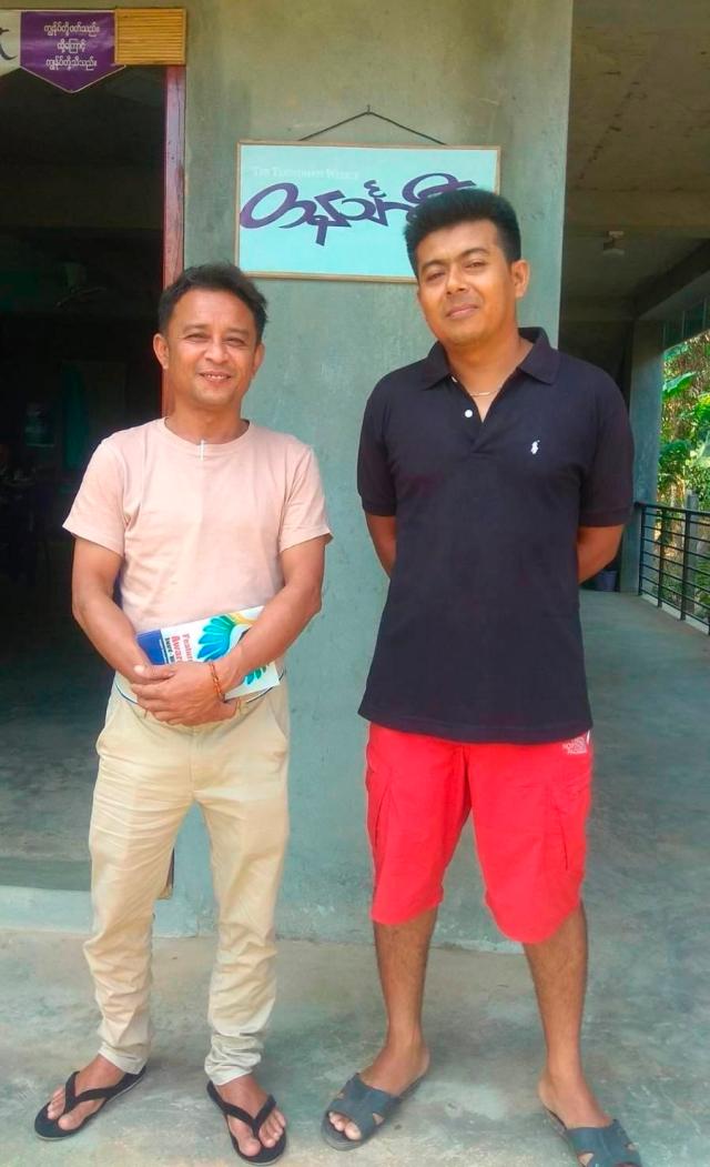 This picture shows Aung San Oo left and Myo Myint Oo right posing in front of the office of the Tanintharyi Weekly Journal published by Dawei Watch media in Dawei township Tanintharyi region Myanmar in 2020 AP- Yonhap 