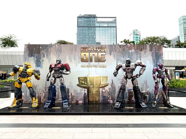 Statues of characters from the movie Transformers One stand on display at COEX Millennium Plaza Seoul on August 26 2024 AJP Han Jun-gu