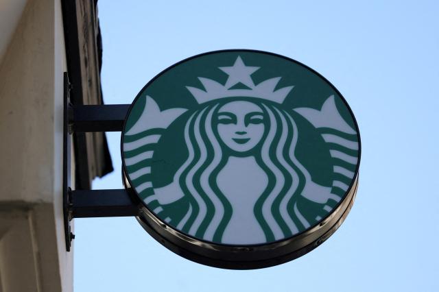 This picture shows the Starbucks logo prominently displayed on the exterior of one of their coffee shops in London United Kingdom as seen on August 13 2024 Reuters-Yonhap