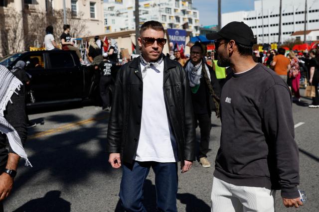 US rapper Macklemore takes part in a demonstration supporting Palestinians and calling for a cease-fire in the Gaza Strip near the Dolby Theatre in Hollywood in this file photo taken on Mar10 2024