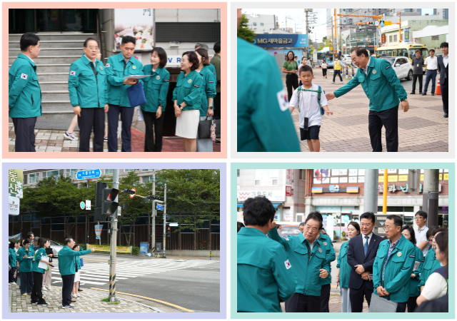 부산시교육청은 2학기 개학을 앞둔 30일 오전 7시 50분 금정초등학교와 온천초등학교 인근 통학로 안전 점검에 나섰다 사진부산시교육청