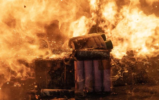 This is a photo demonstration of thermal runaway a phenomenon where heat accumulates until the entire battery ignites demonstrated on cylindrical lithium-ion batteries in Daegu in June 27 2024 Yonhap