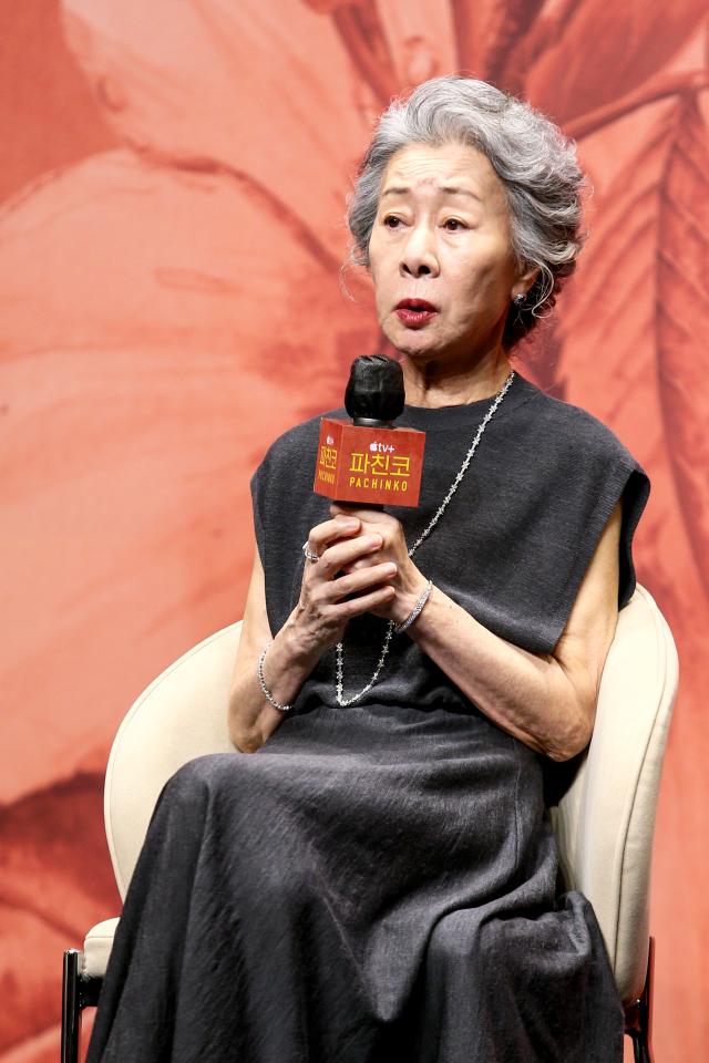 Youn Yuh-jung the lead actress of the drama Pachinko Season 2 answers a reporters question at a press conference held in Seoul on Aug23 AJP Kim Dong-woo