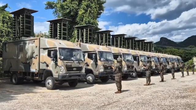 South Korean militarys propaganda speaker trucks line up for a drill at a frontline base on June 9 Yonhap Photo