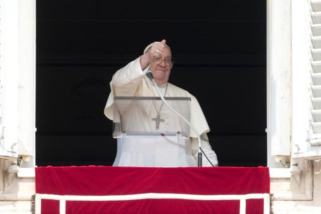 This photo shows Pope Francis giving his weekly Sunday blessing to crowds in Vatican City September 1 2024 AP-Yonhap