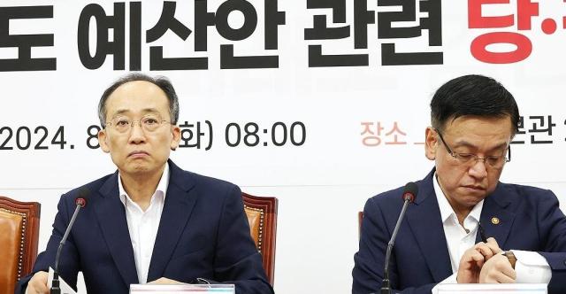 추경호 국민의힘 원내대표왼쪽와 최상목 경제부총리 겸 기획재정부 장관이 20일 오전 국회에서 열린 2025년도 예산안 관련 당·정협의회에 참석해 자리하고 있다 사진연합뉴스
